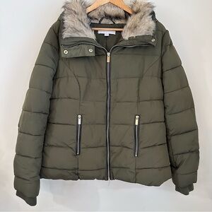 New York & Company Women’s Olive Green Puffer Coat Faux Fur Hood Size XL